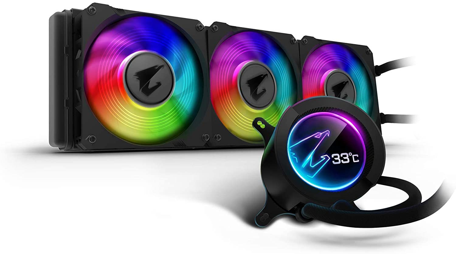 Alternative view of GIGABYTE AORUS RGB AIO Liquid Cooler 360, 360mm Radiator, Triple 120mm Windforce PWM Fans, Customizable Full Color LCD Display, Advanced RGB Lighting and Control, Intel 115X/2066, AMD AM4, TR4