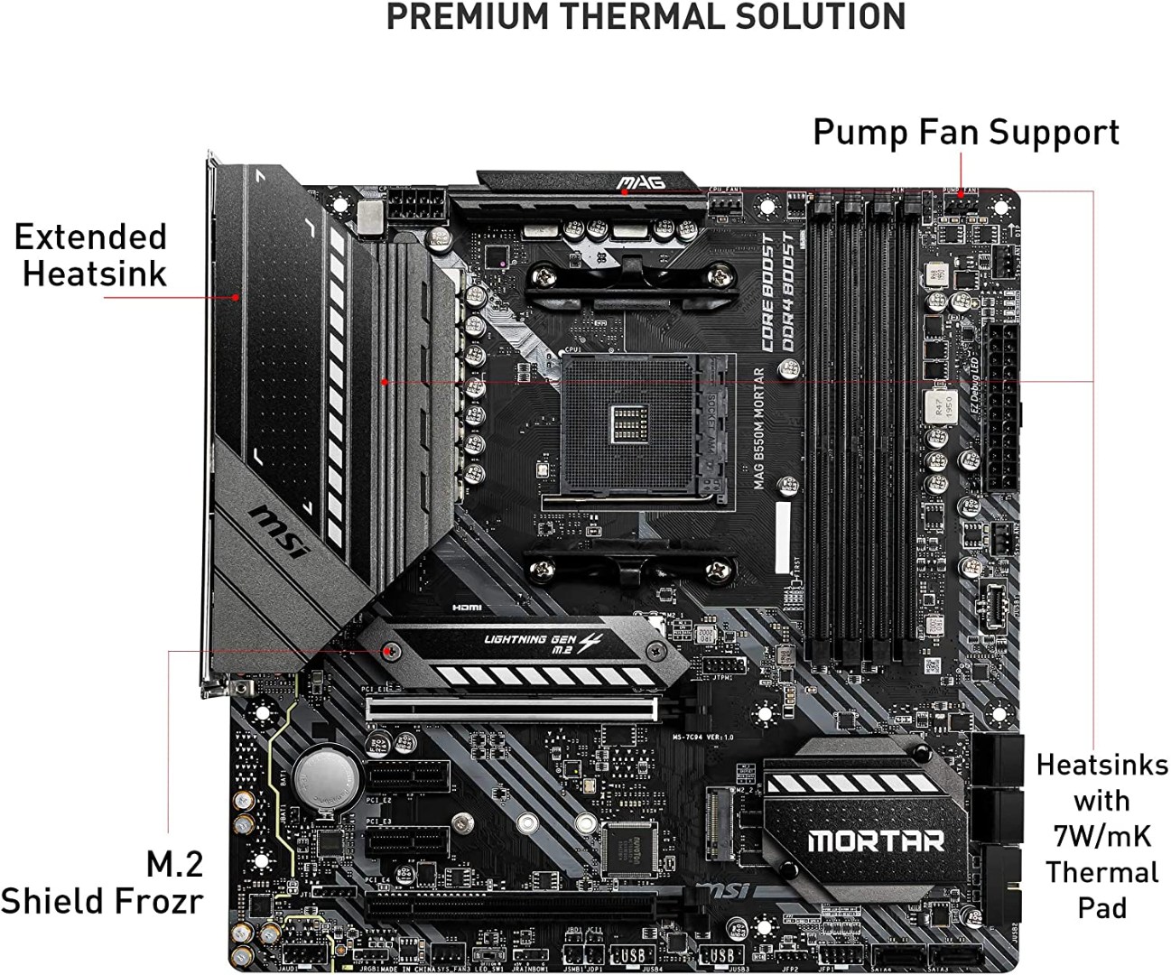 Alternative view of MSI MAG B550M Mortar Gaming Motherboard (AMD AM4, DDR4, PCIe 4.0, SATA 6Gb/s, M.2, USB 3.2 Gen 2, HDMI/DP, Micro-ATX, AMD Ryzen 5000 Series Processors)