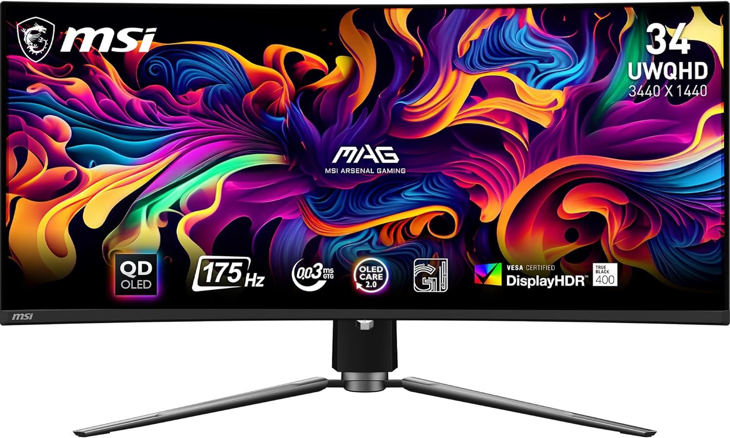 MSI MAG341CQP QD-OLED, 34 Curved OLED Gaming Monitor, 3440 x 1440 (UWQHD), OLED 0.03ms Response time, 175Hz